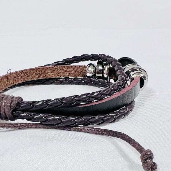 Star Western Braided Beaded Metal Silver Black Bracelet Black Leather New - Picture 4 of 5